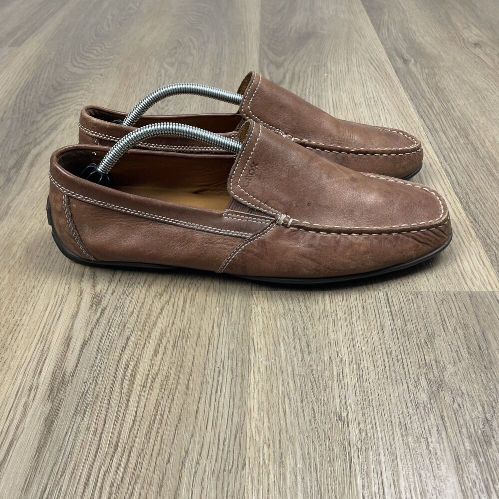 Geox Respira Shoes Mens Size 44 Brown Leather Slip On Moc Toe Loafers Comfort